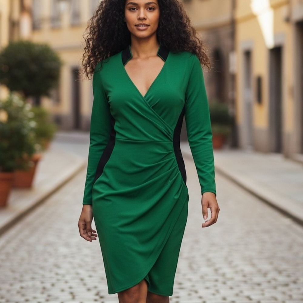 Chiclody Green Black Colorblock Ruched V-Neck Sheath Dress Size 14 NWT